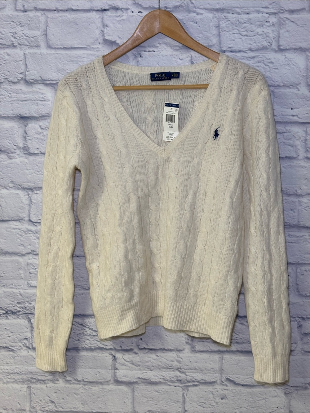 Polo Ralph Lauren Cable Knit Wool-Cashmere Sweater Cream NEW Medium Pony Logo